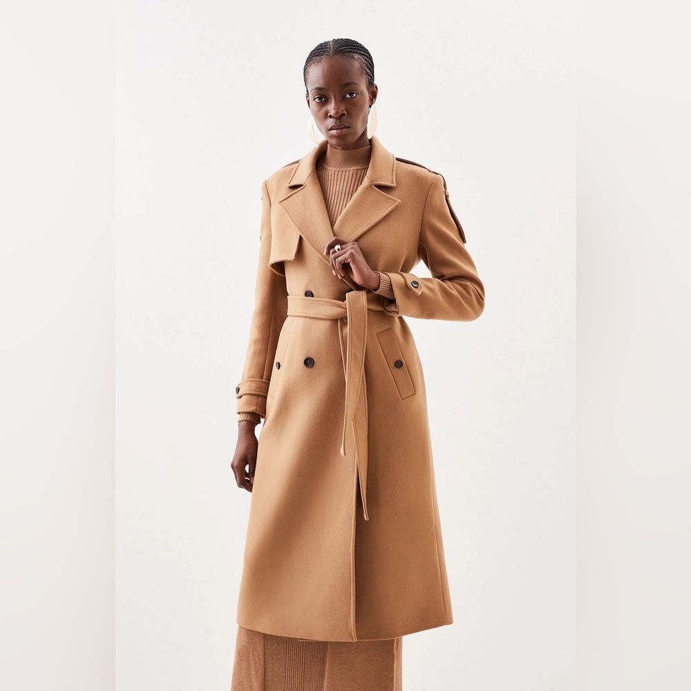NWT Karen Millen Italian Manteco Wool Blend Self Tie Belted Trench Coat